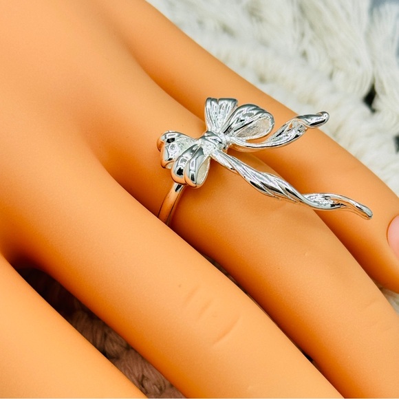 925 Sterling Silver Three Dimensional Bow Tassels Opening Adjustable Ring - Picture 4 of 9